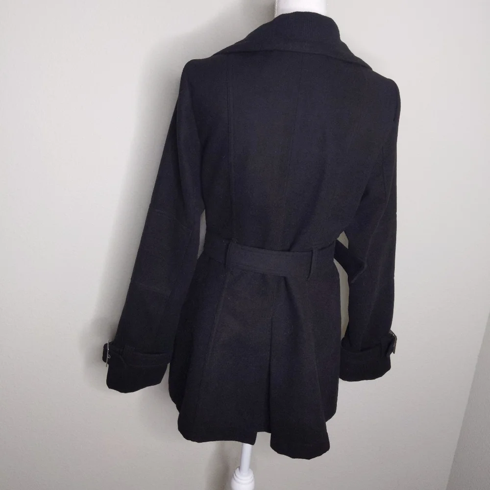 G by Guess Black Peacoat Women’s Large | Oversized Collar Belted Wool Blend Coat - Picture 3 of 10